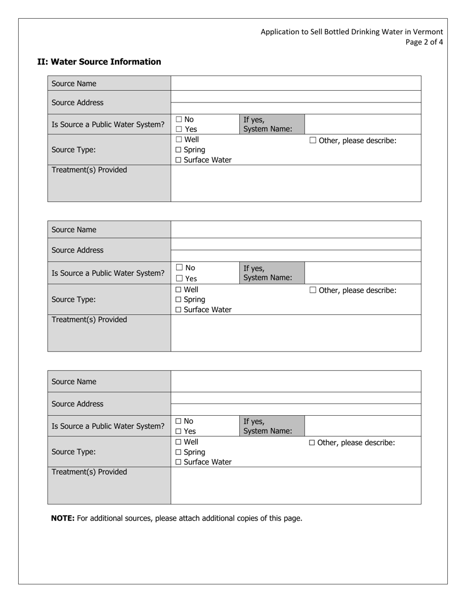 Application for Approval to Sell Bottled Drinking Water in Vermont; or for Amendment to Existing Bottled Water Facility Approval - Vermont, Page 2