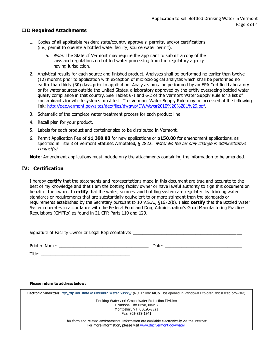 Application for Approval to Sell Bottled Drinking Water in Vermont; or for Amendment to Existing Bottled Water Facility Approval - Vermont, Page 3