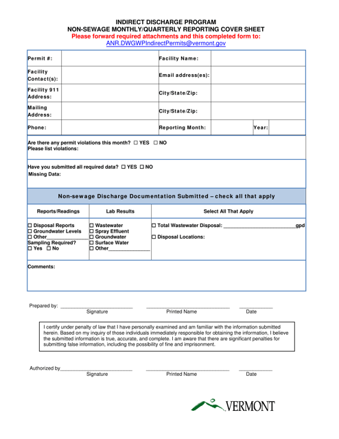 Non-sewage Monthly/Quarterly Reporting Cover Sheet - Indirect Discharge Program - Vermont