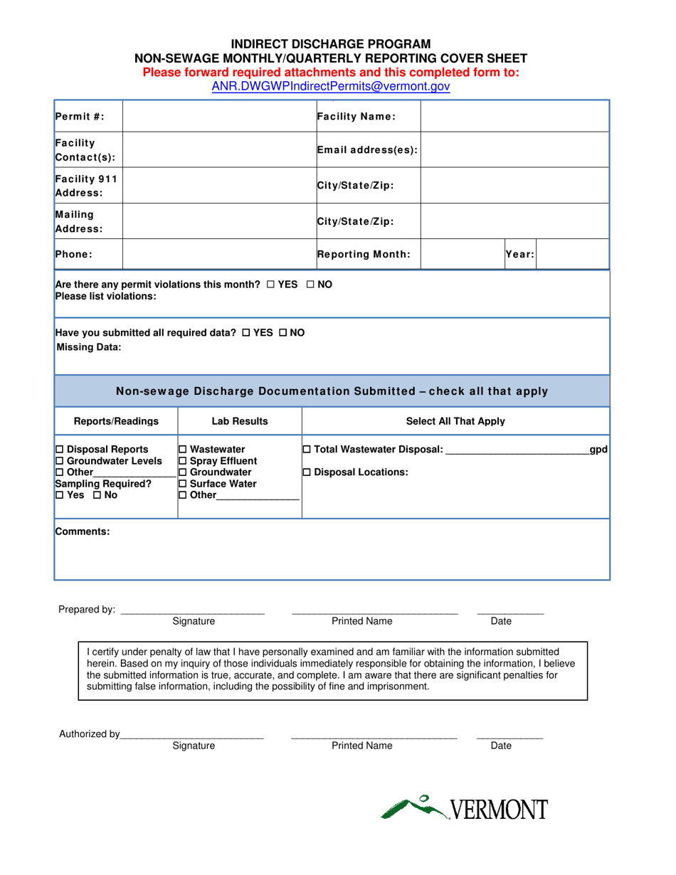 Non-sewage Monthly / Quarterly Reporting Cover Sheet - Indirect Discharge Program - Vermont, Page 1