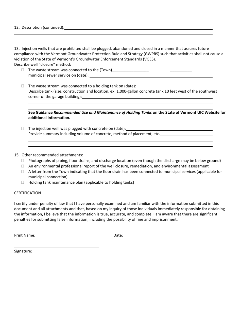 Vermont Injection Well Closure Form for High Risk Activities - Fill Out ...