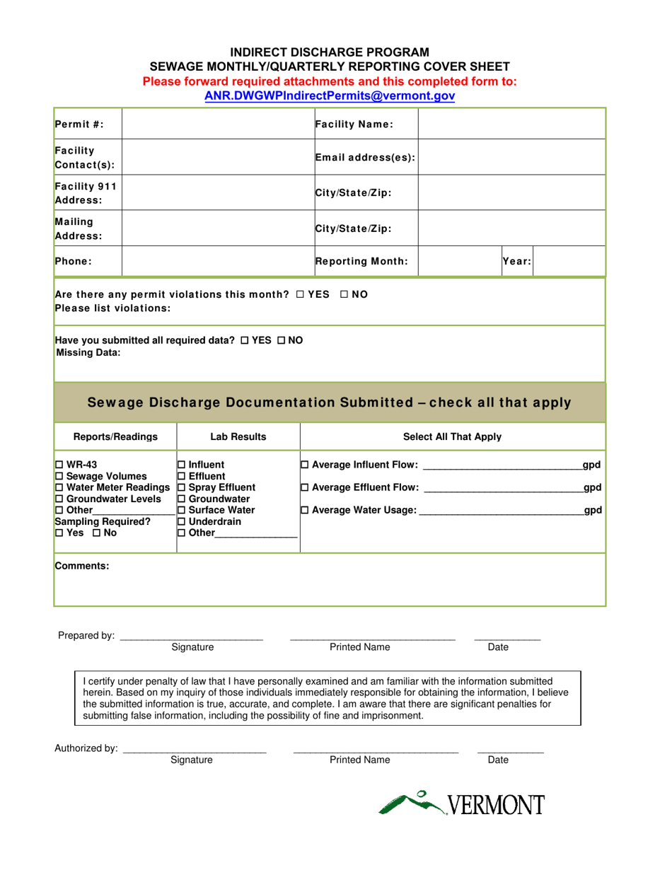 Sewage Monthly / Quarterly Reporting Cover Sheet - Indirect Discharge Program - Vermont, Page 1