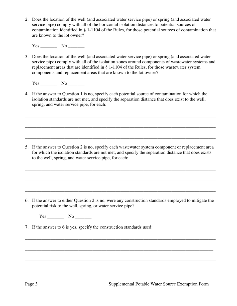 Supplemental Potable Water Source Exemption Form - Vermont, Page 3