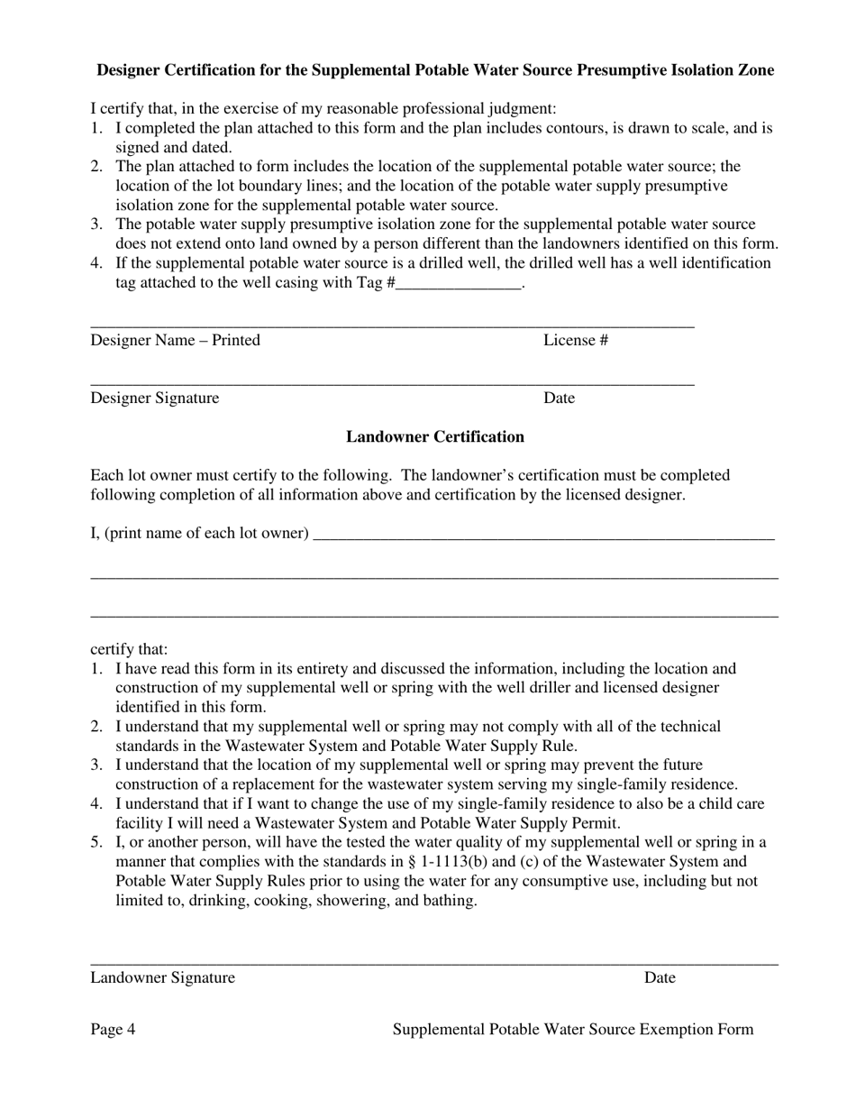 Supplemental Potable Water Source Exemption Form - Vermont, Page 4