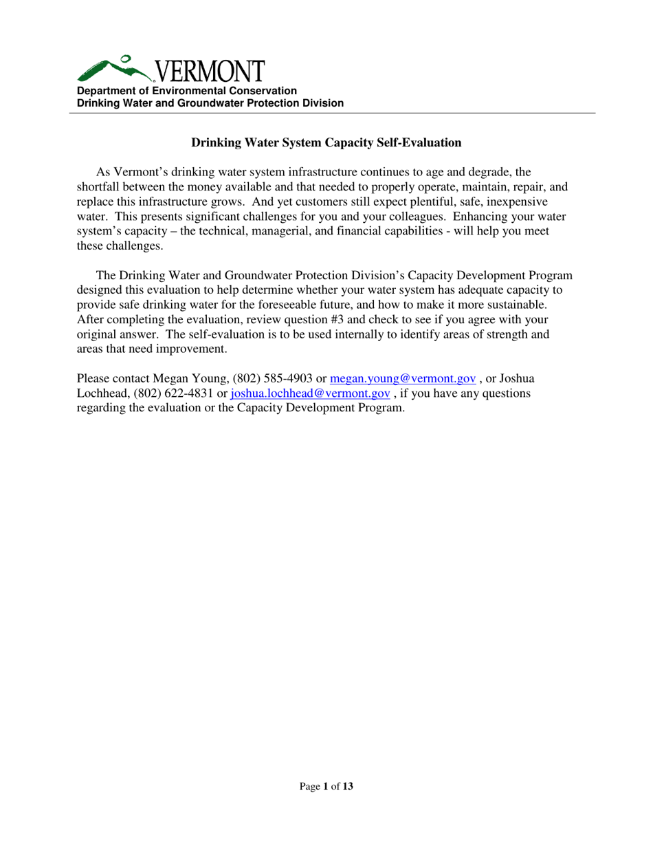 Vermont Drinking Water System Capacity Selfevaluation Fill Out, Sign