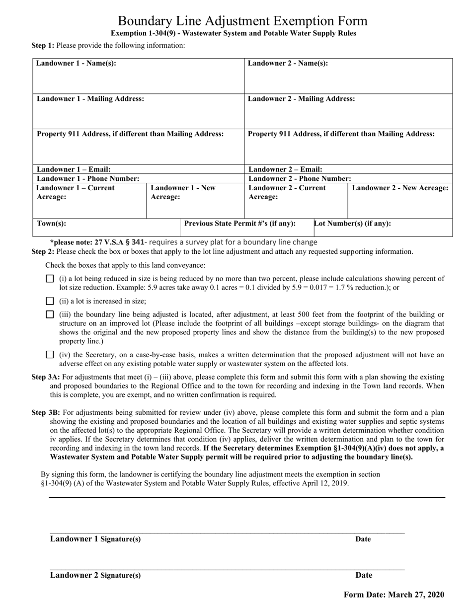 Boundary Line Adjustment Exemption Form - Vermont, Page 1