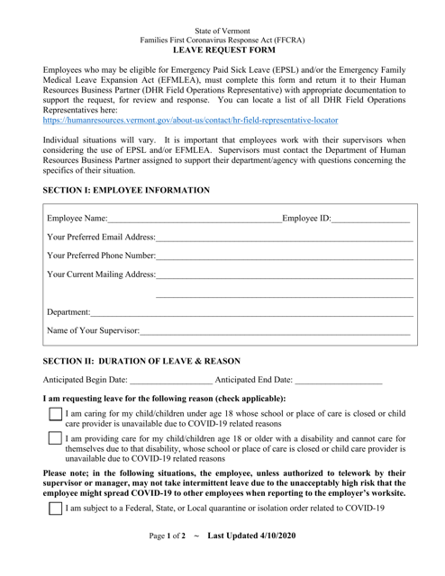 Ffcra Leave Request Form - Vermont