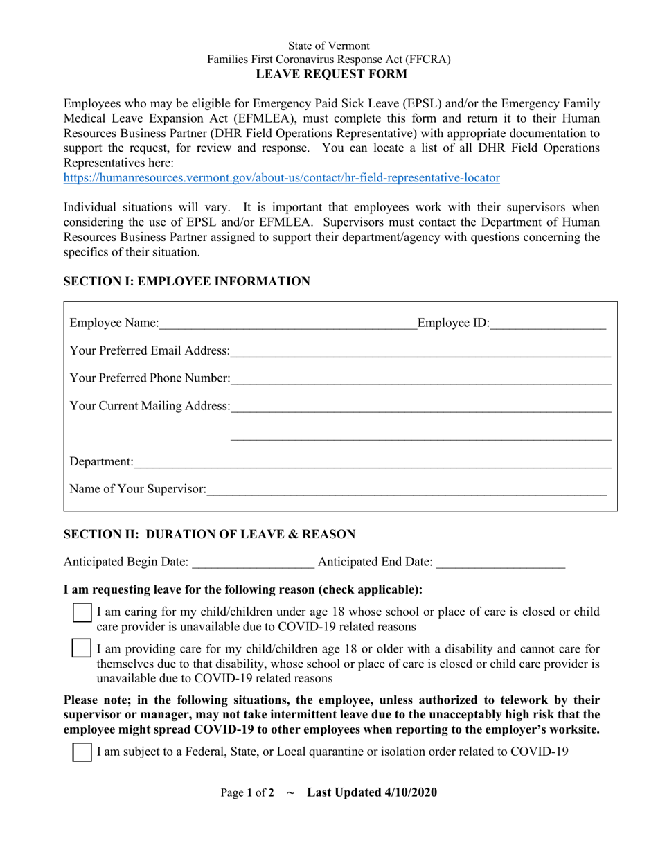 Ffcra Leave Request Form - Vermont, Page 1