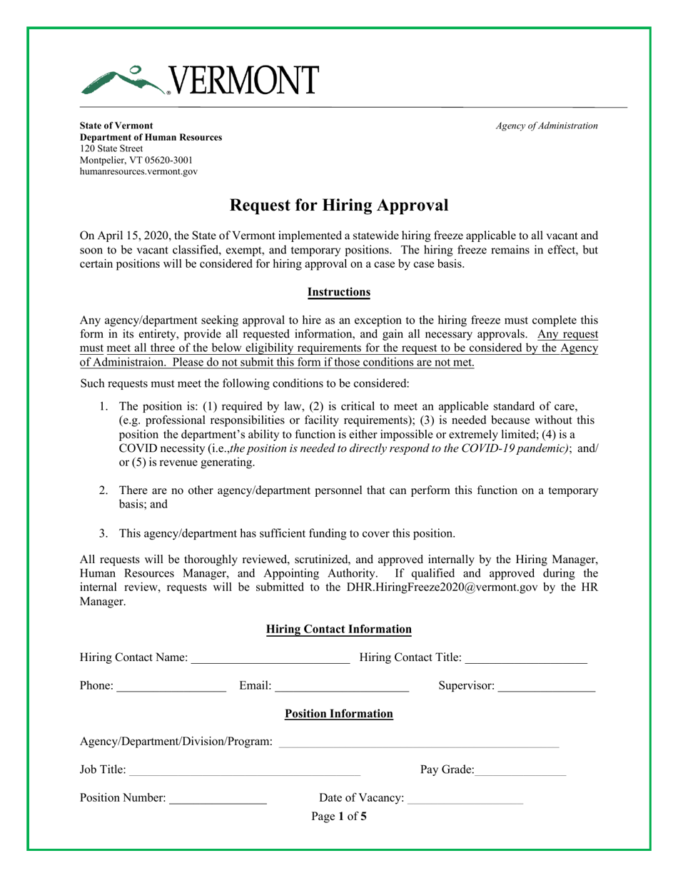 Request for Hiring Approval - Vermont, Page 1
