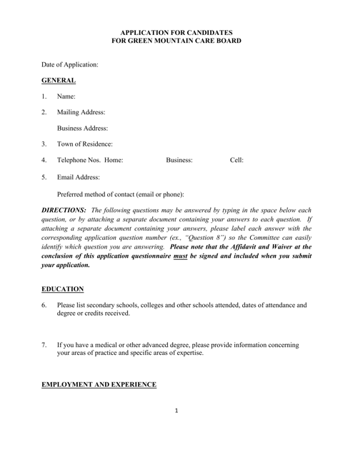 Application for Candidates for Green Mountain Care Board - Vermont Download Pdf