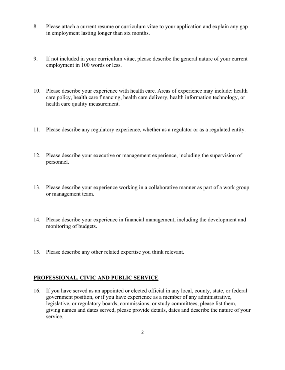 Application for Candidates for Green Mountain Care Board - Vermont, Page 2
