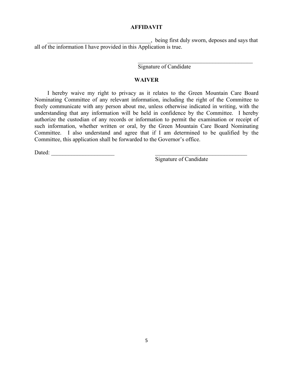 Application for Candidates for Green Mountain Care Board - Vermont, Page 5