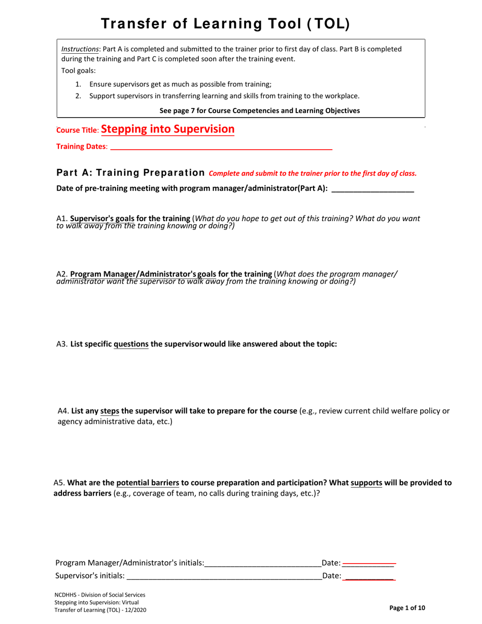 Transfer of Learning Tool (Tol) for Stepping Into Supervision - North Carolina, Page 1
