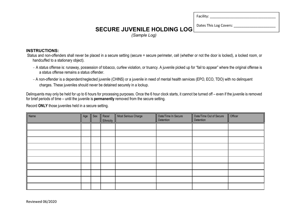 Secure Juvenile Holding Log - Virginia, Page 1