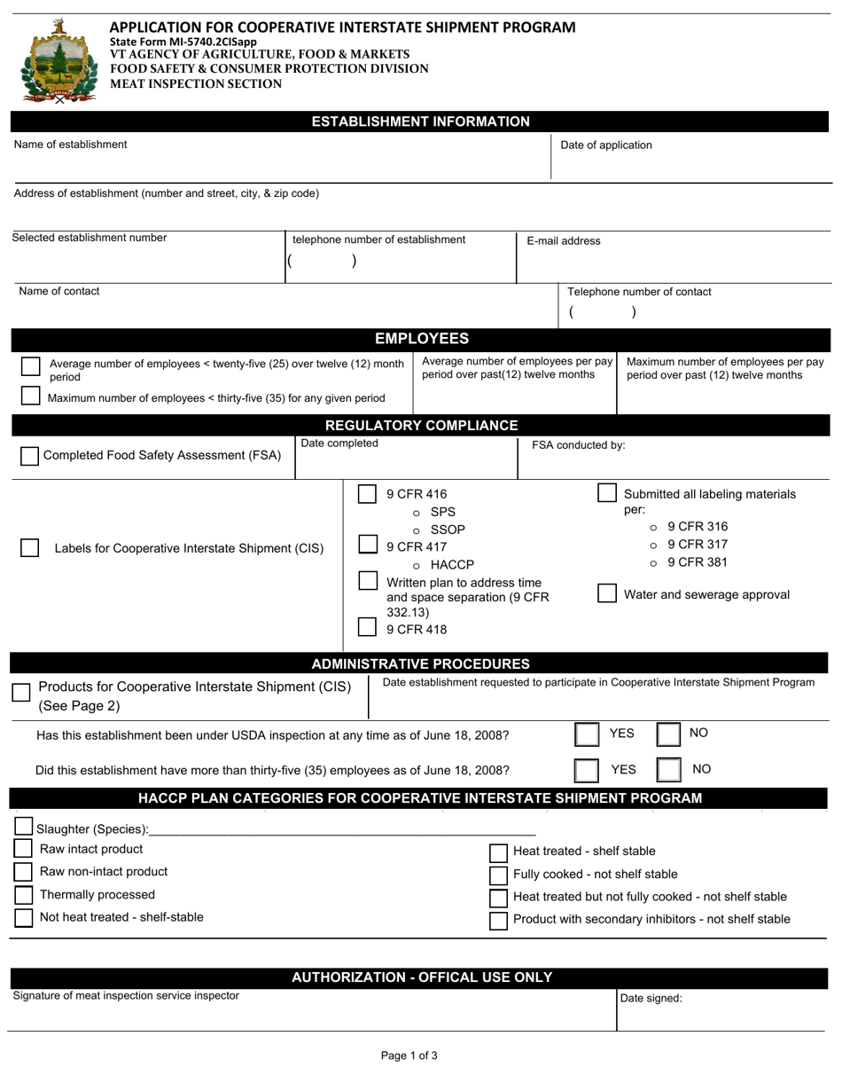 Form MI-5740.2CISAPP Application for Cooperative Interstate Shipment Program - Vermont, Page 1