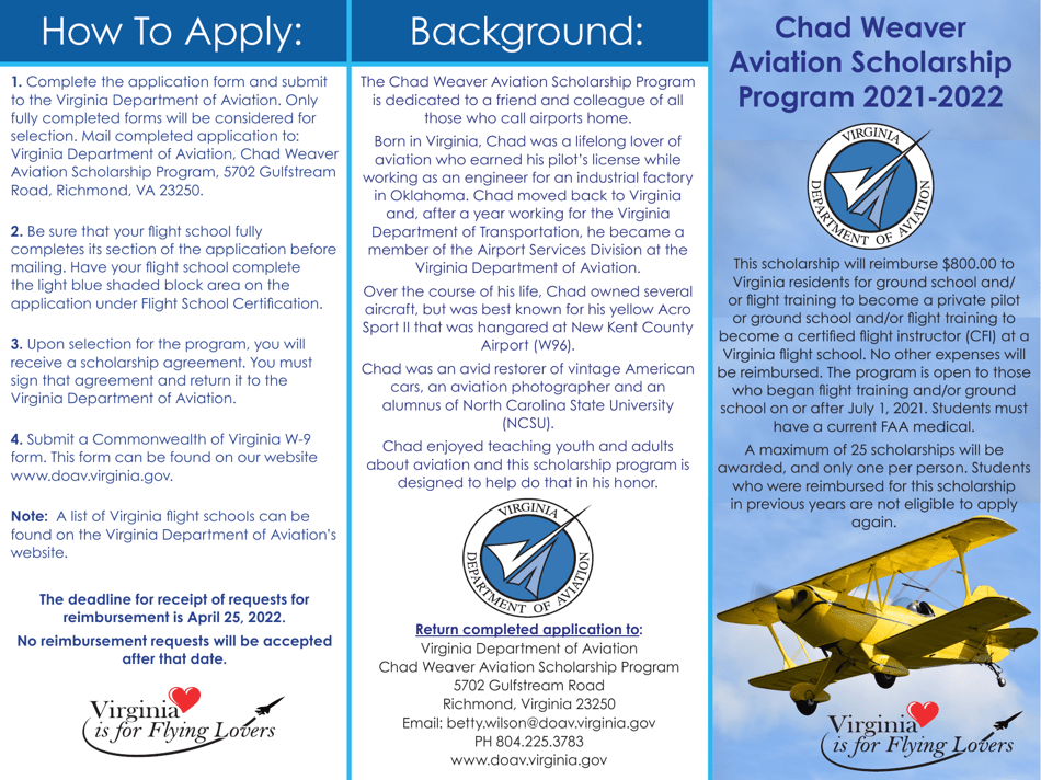 Scholarship Application - Chad Weaver Aviation Scholarship Program - Virginia, Page 1