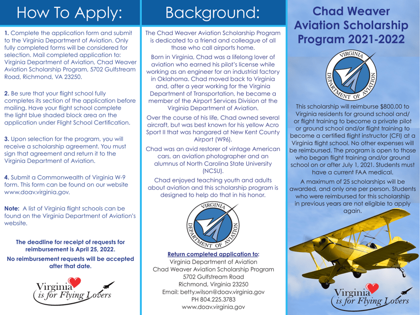 Scholarship Application - Chad Weaver Aviation Scholarship Program - Virginia, 2022