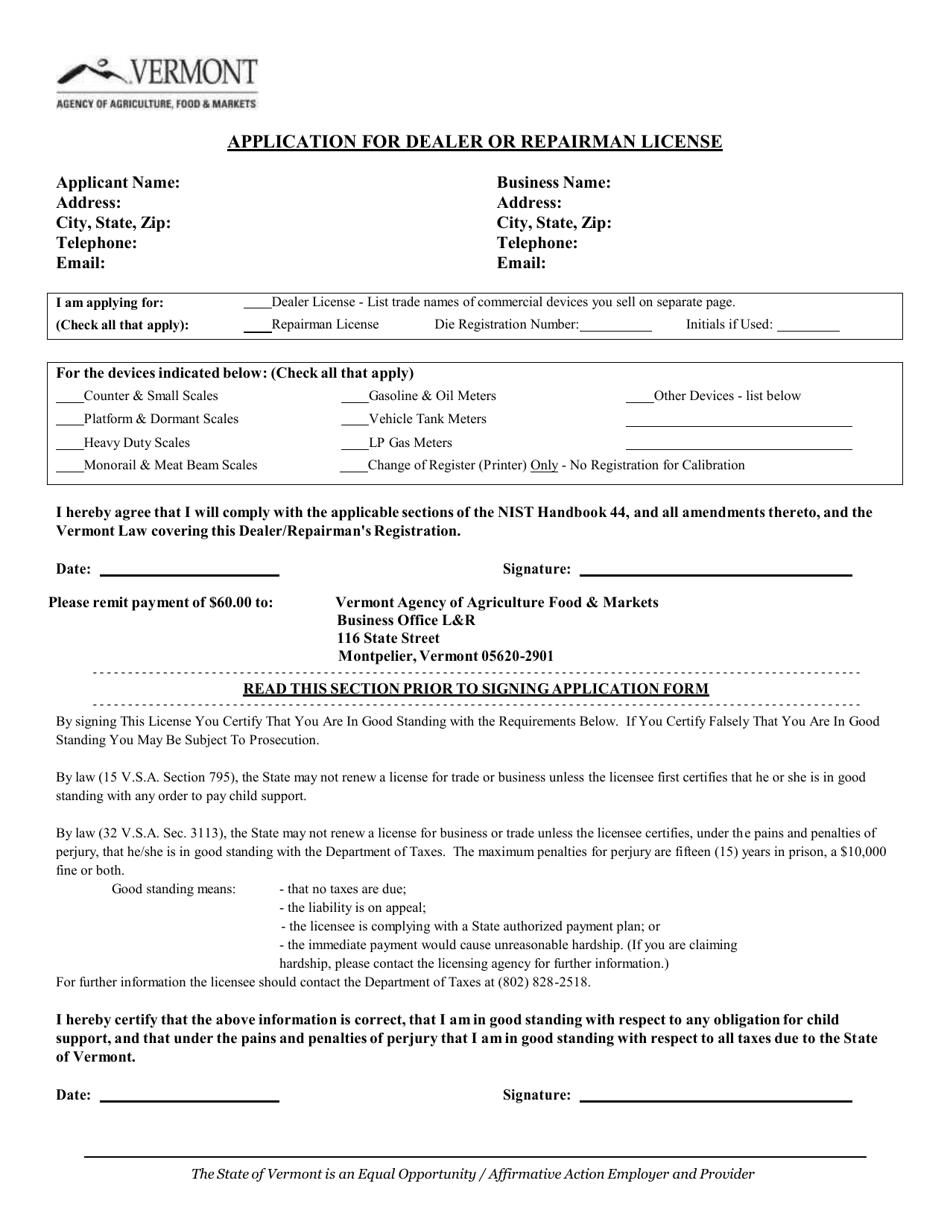 Vermont Application for Dealer or Repairman License Fill Out, Sign