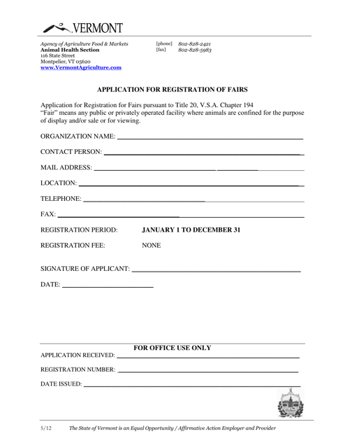 Application for Registration of Fairs - Vermont Download Pdf