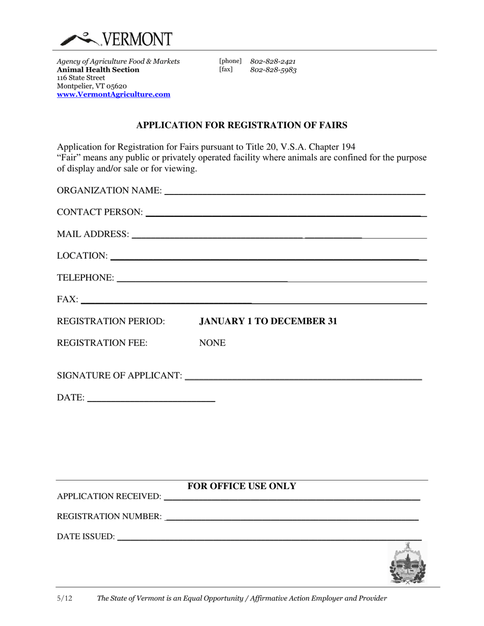 Vermont Application for Registration of Fairs Fill Out, Sign Online