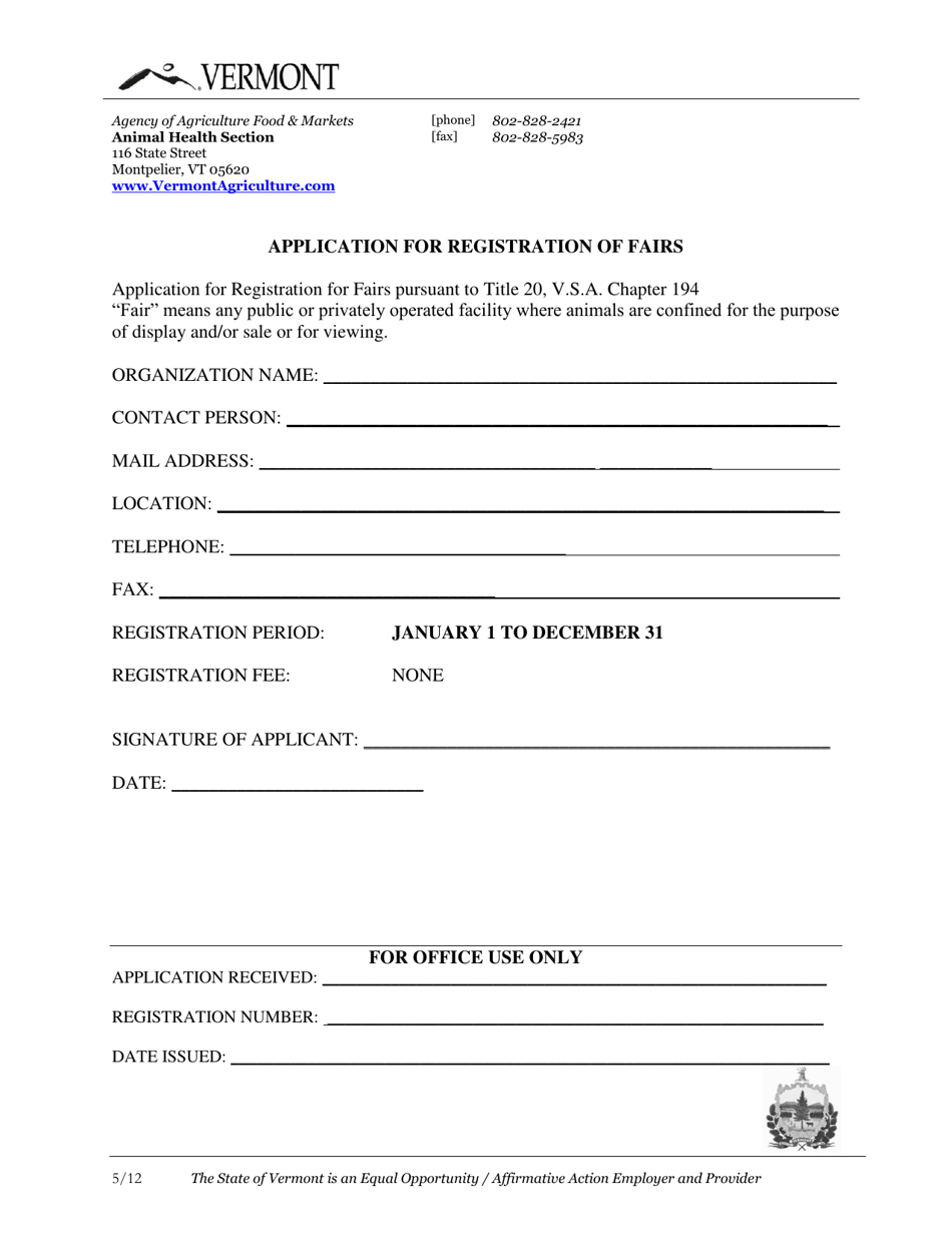 Application for Registration of Fairs - Vermont, Page 1