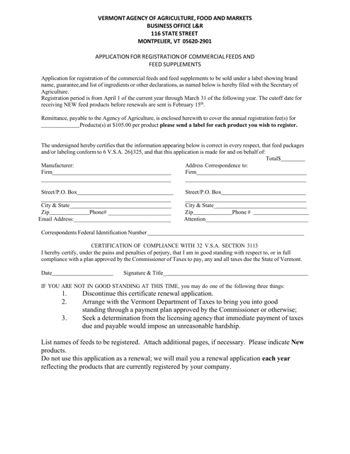 Application for Registration of Commercial Feeds and Feed Supplements - Vermont Download Pdf