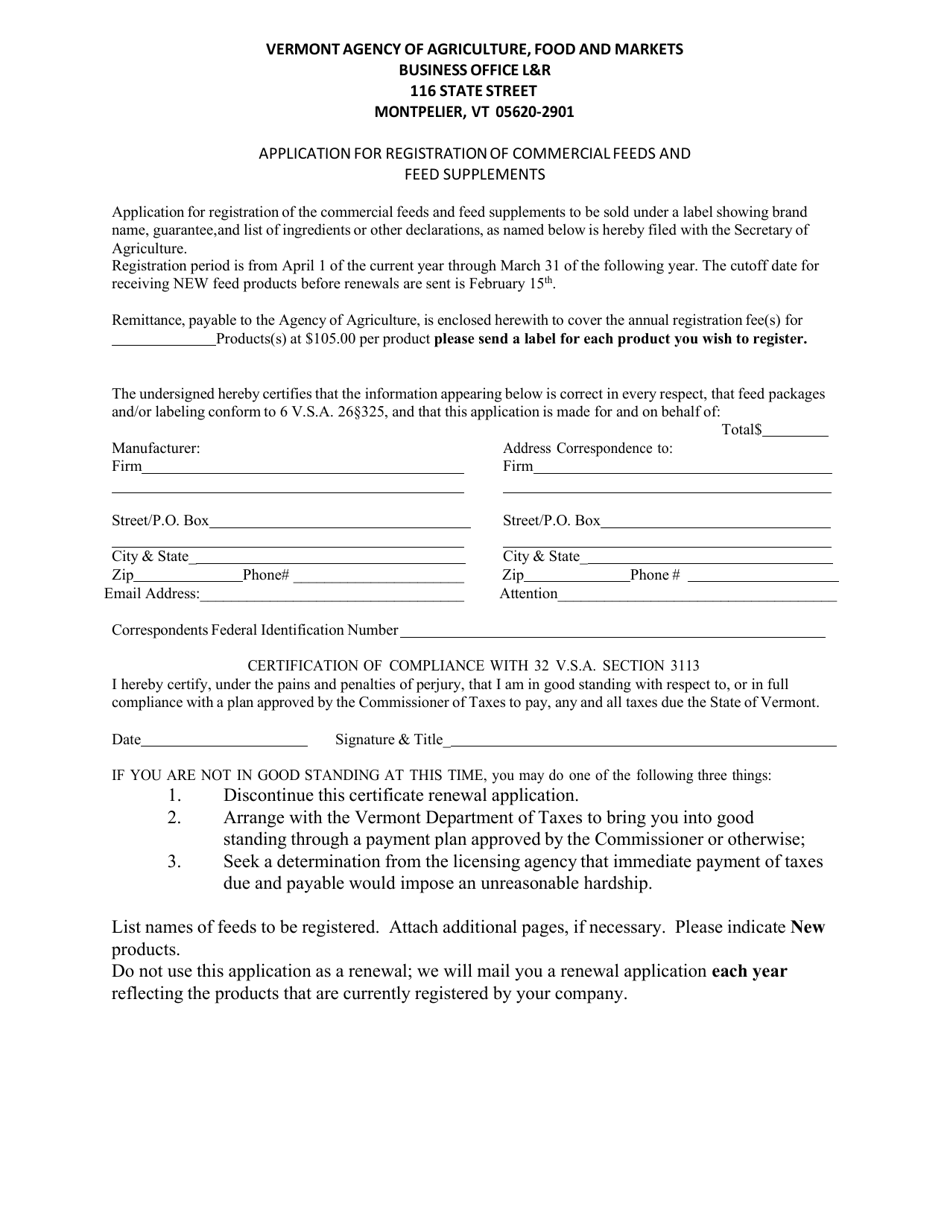 Vermont Application for Registration of Commercial Feeds and Feed