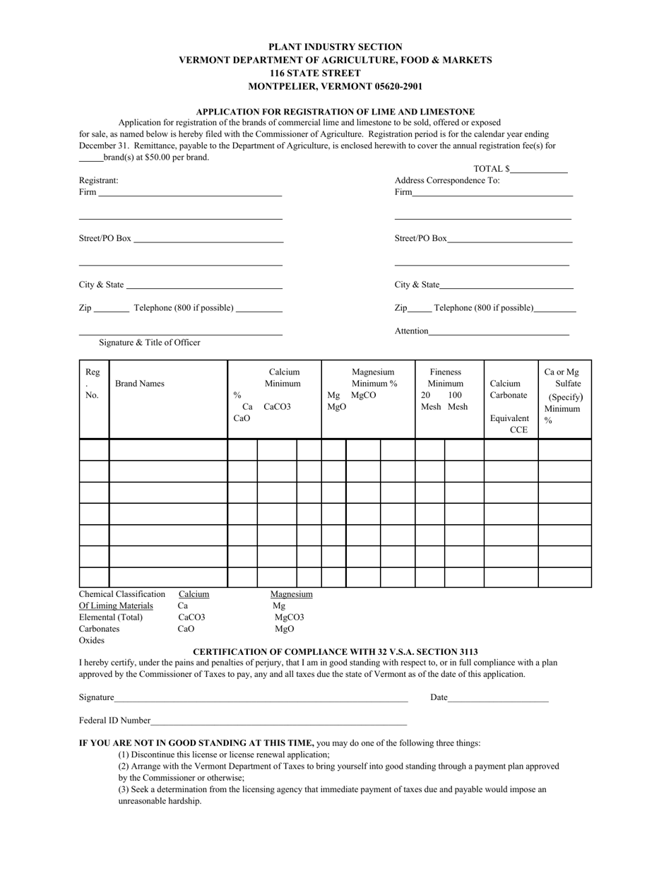 Vermont Application for Registration of Lime and Limestone Fill Out