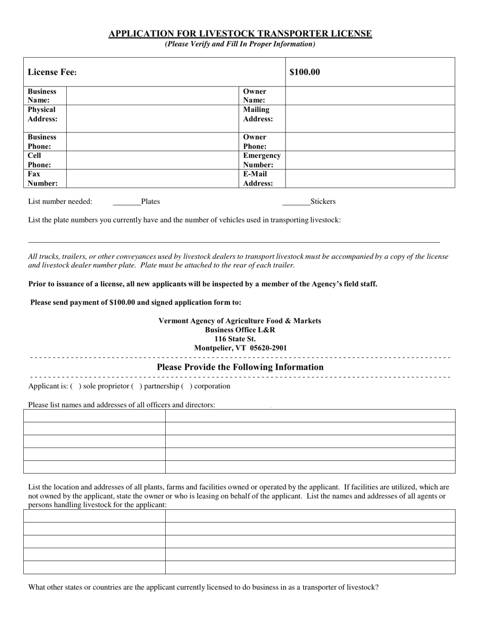 Application for Livestock Transporter License - Vermont, Page 1