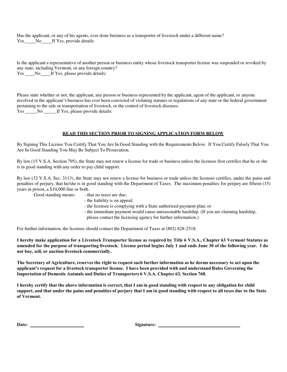 Application for Livestock Transporter License - Vermont, Page 2