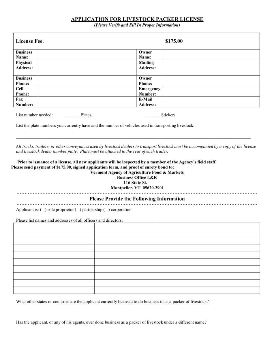 Application for Livestock Packer License - Vermont, Page 1
