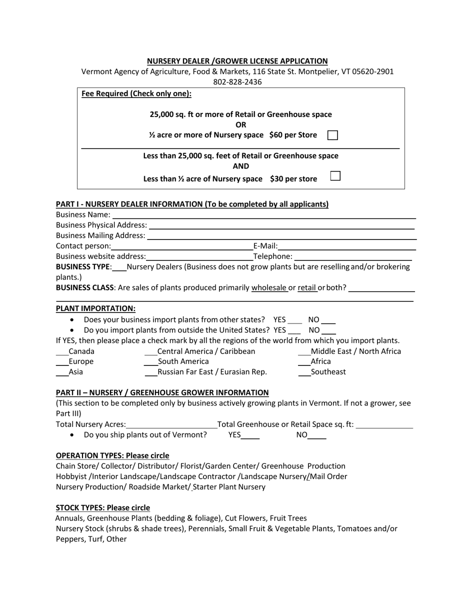Nursery Dealer / Grower License Application - Vermont, Page 1