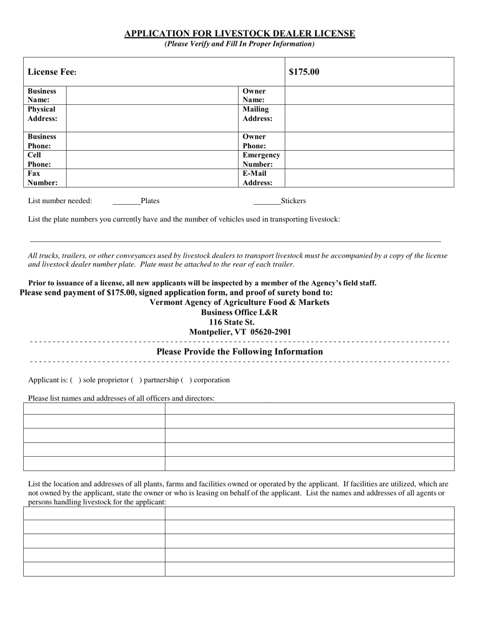 Vermont Application for Livestock Dealer License Download Printable PDF