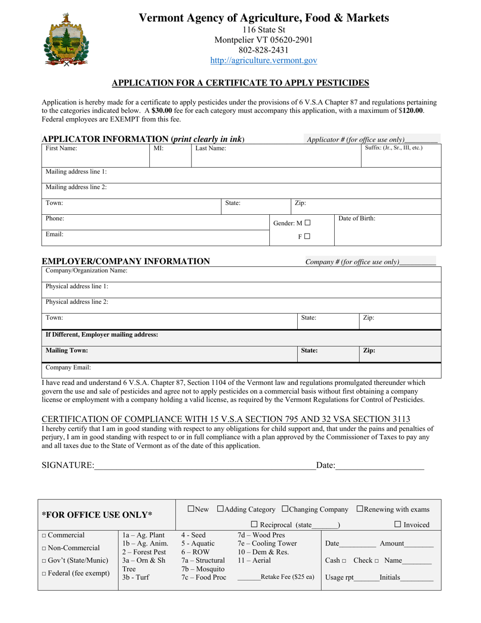Application for a Certificate to Apply Pesticides - Vermont, Page 1