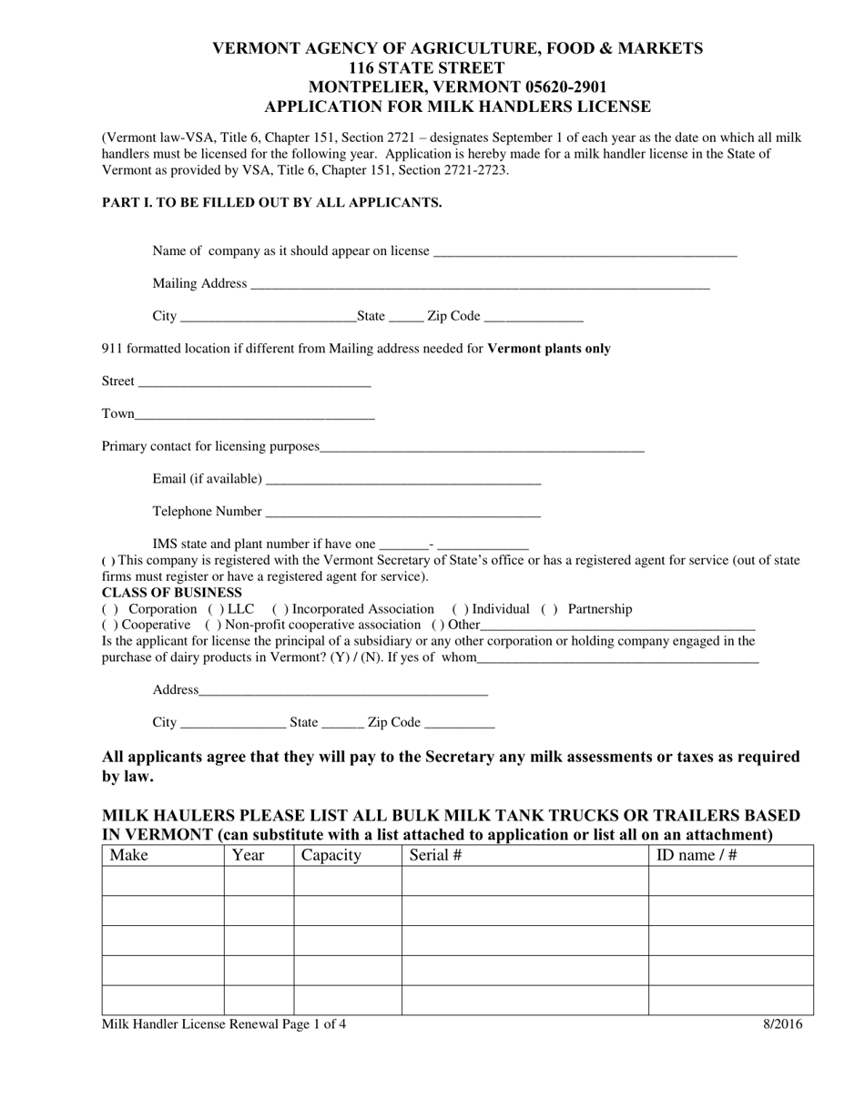 Application for Milk Handlers License - Vermont, Page 1