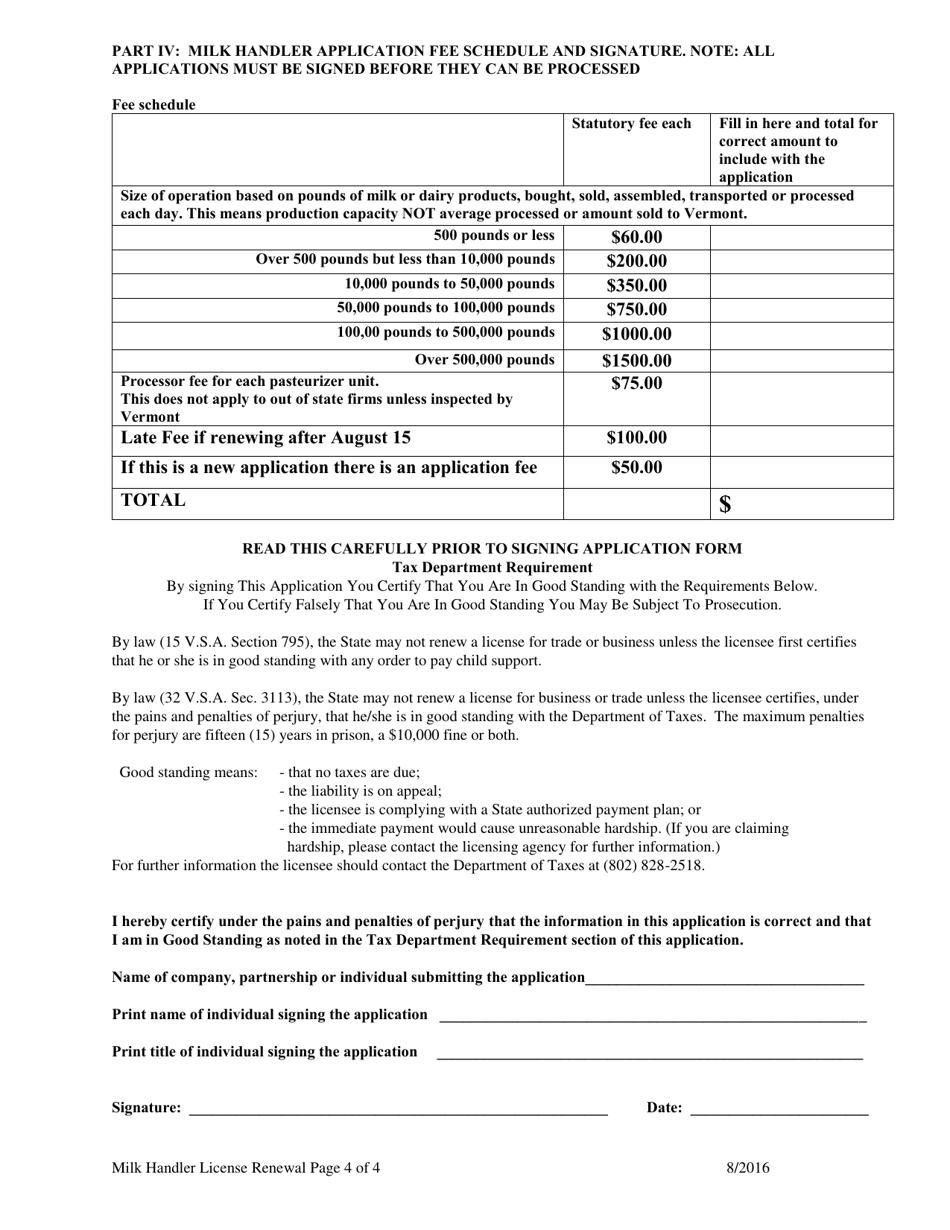 Application for Milk Handlers License - Vermont, Page 5