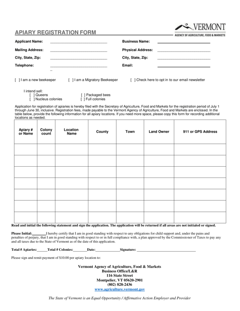 Apiary Registration Form - Vermont Download Pdf