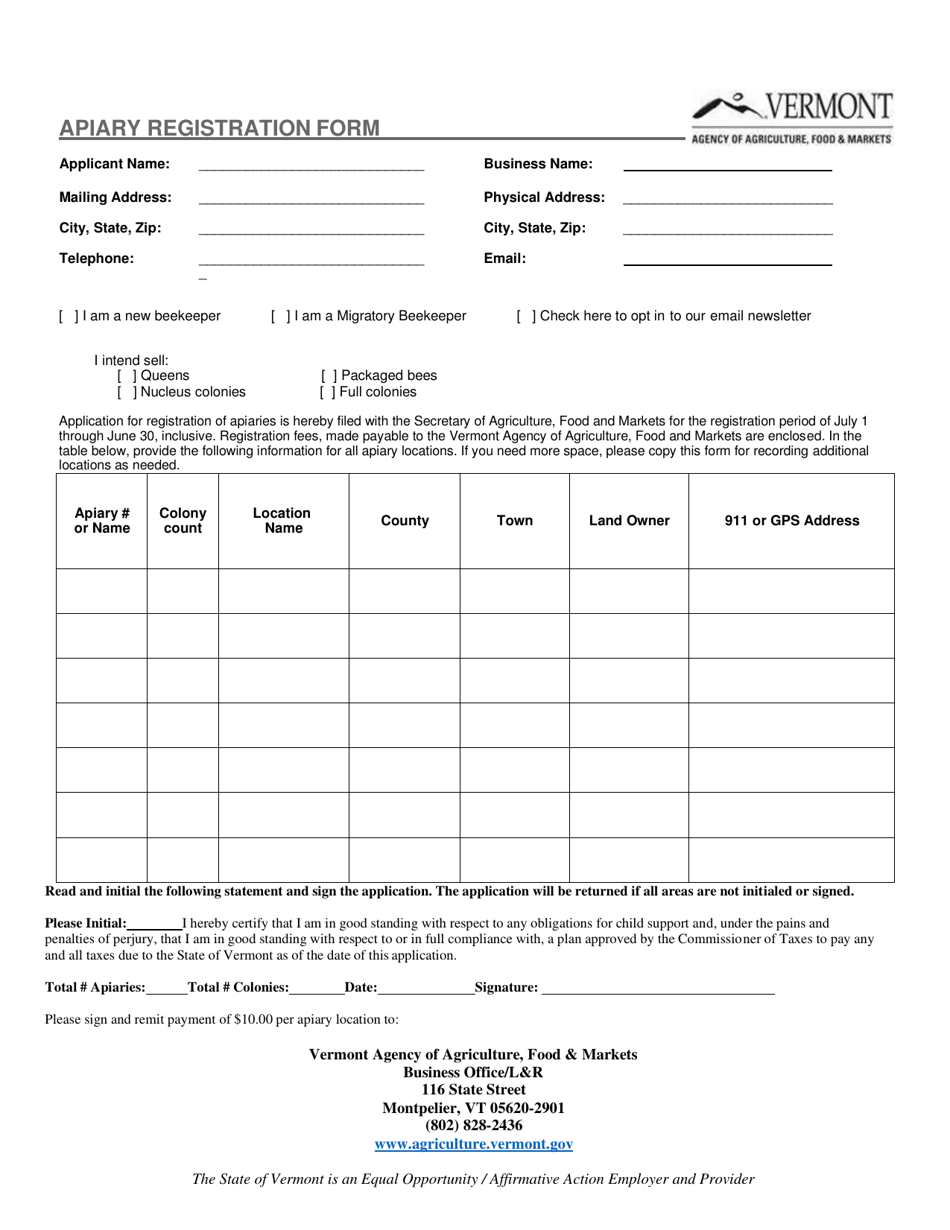 Apiary Registration Form - Vermont, Page 1