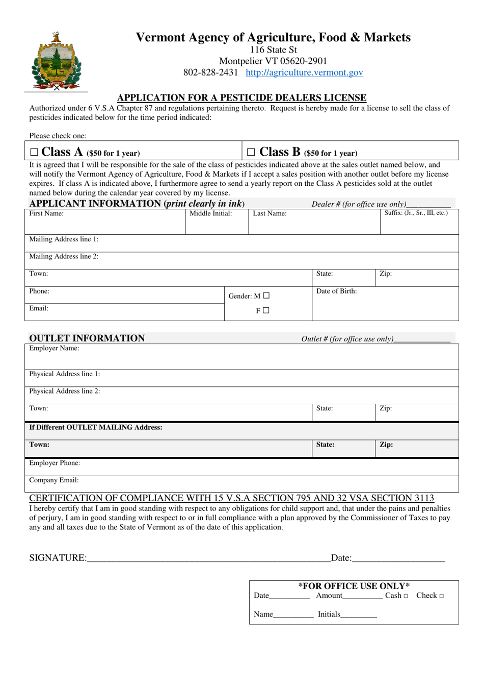 Application for a Pesticide Dealers License - Vermont, Page 1
