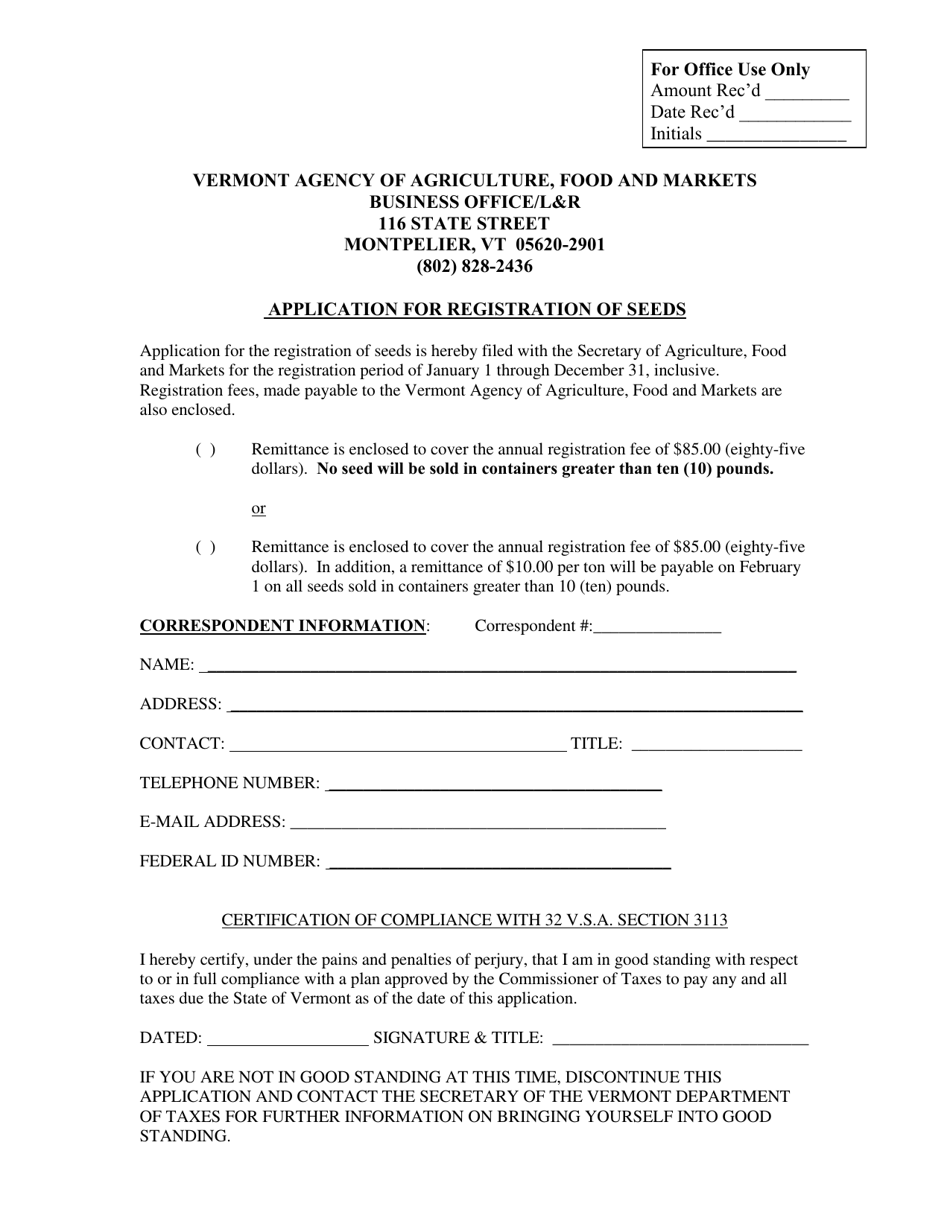 Application for Registration of Seeds - Vermont, Page 1