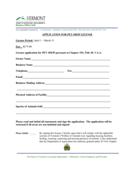 Application for Pet Shop License - Vermont