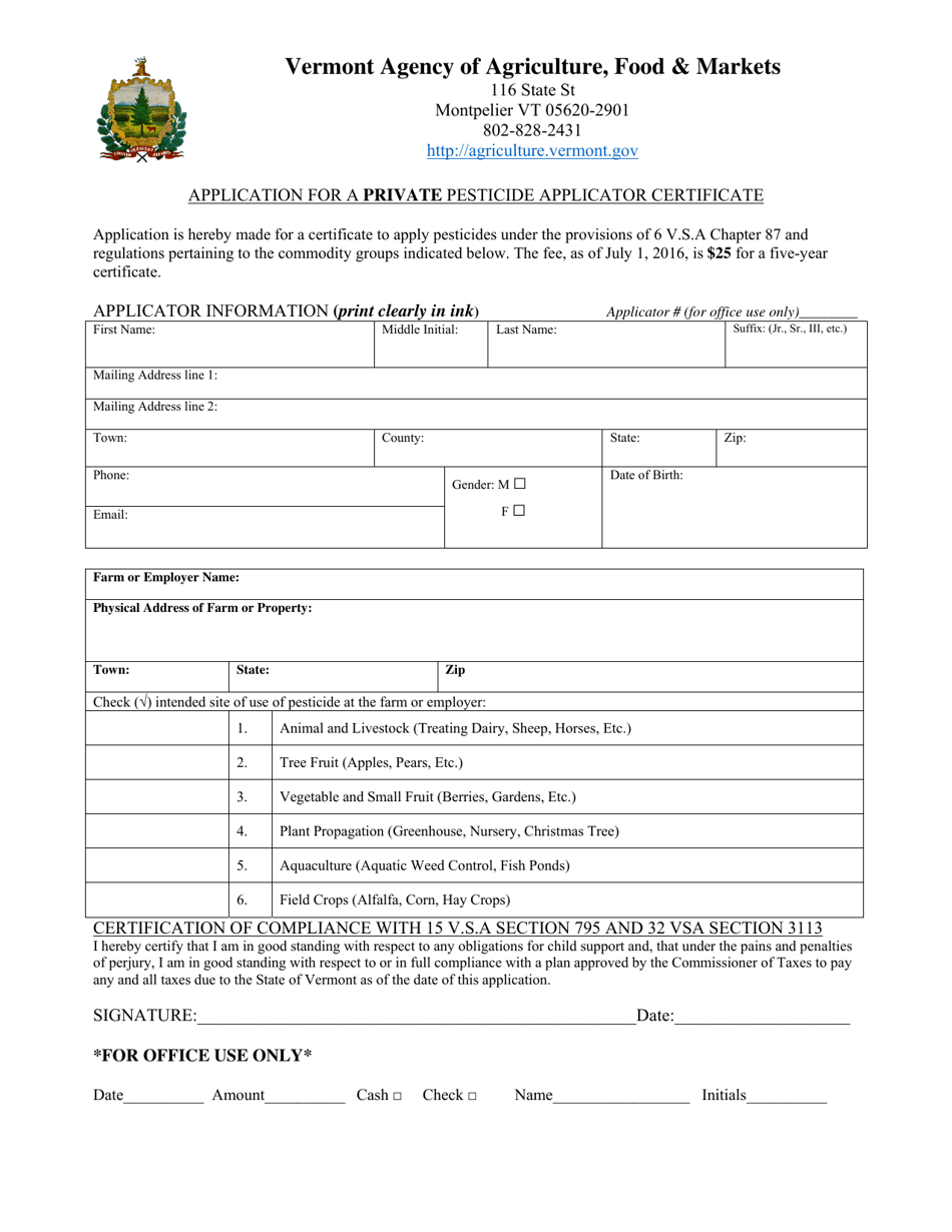 Vermont Application for a Private Pesticide Applicator Certificate
