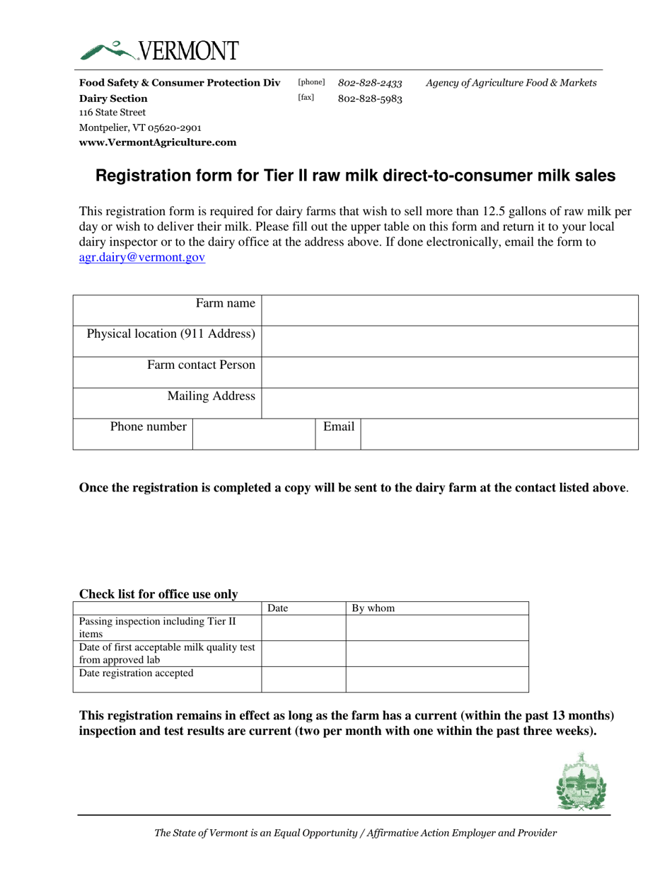 Registration Form for Tier II Raw Milk Direct-To-Consumer Milk Sales - Vermont, Page 1