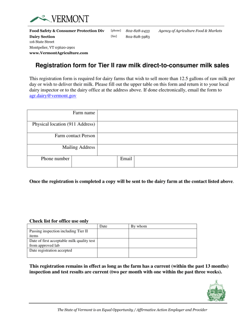 Registration Form for Tier II Raw Milk Direct-To-Consumer Milk Sales - Vermont Download Pdf