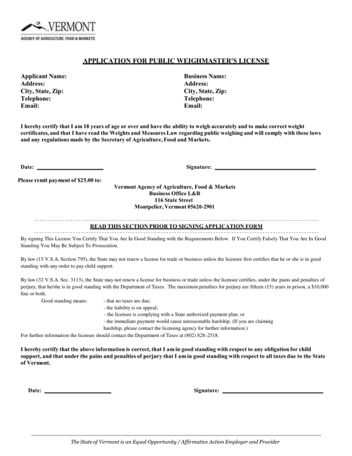 Application for Public Weighmaster's License - Vermont Download Pdf