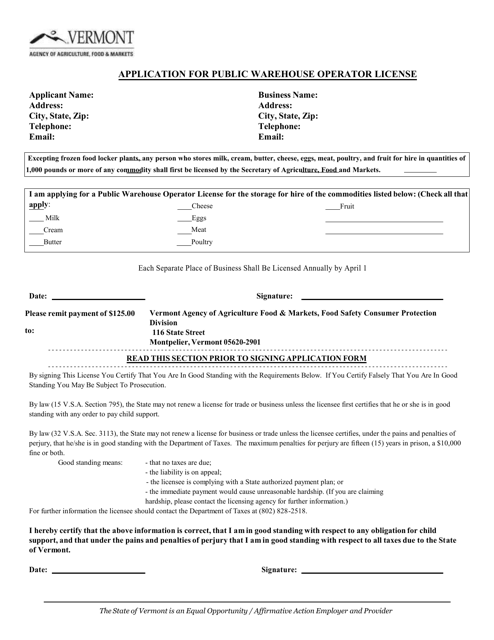 Application for Public Warehouse Operator License - Vermont Download Pdf