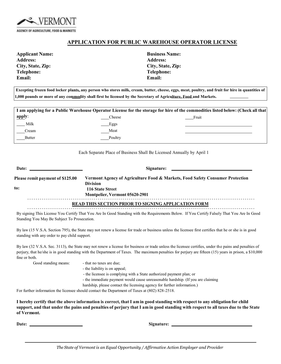Application for Public Warehouse Operator License - Vermont, Page 1