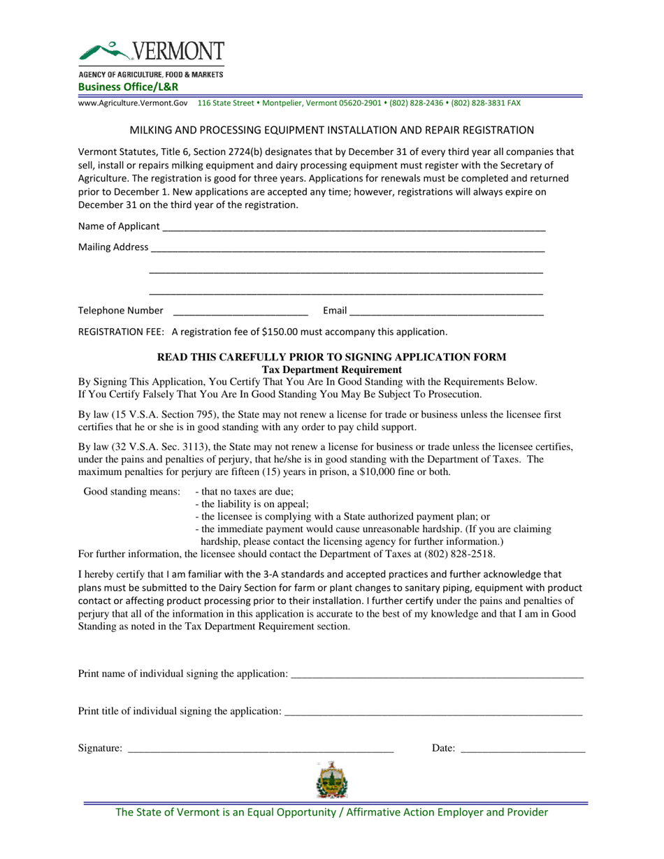 Milking and Processing Equipment Installation and Repair Registration - Vermont, Page 1