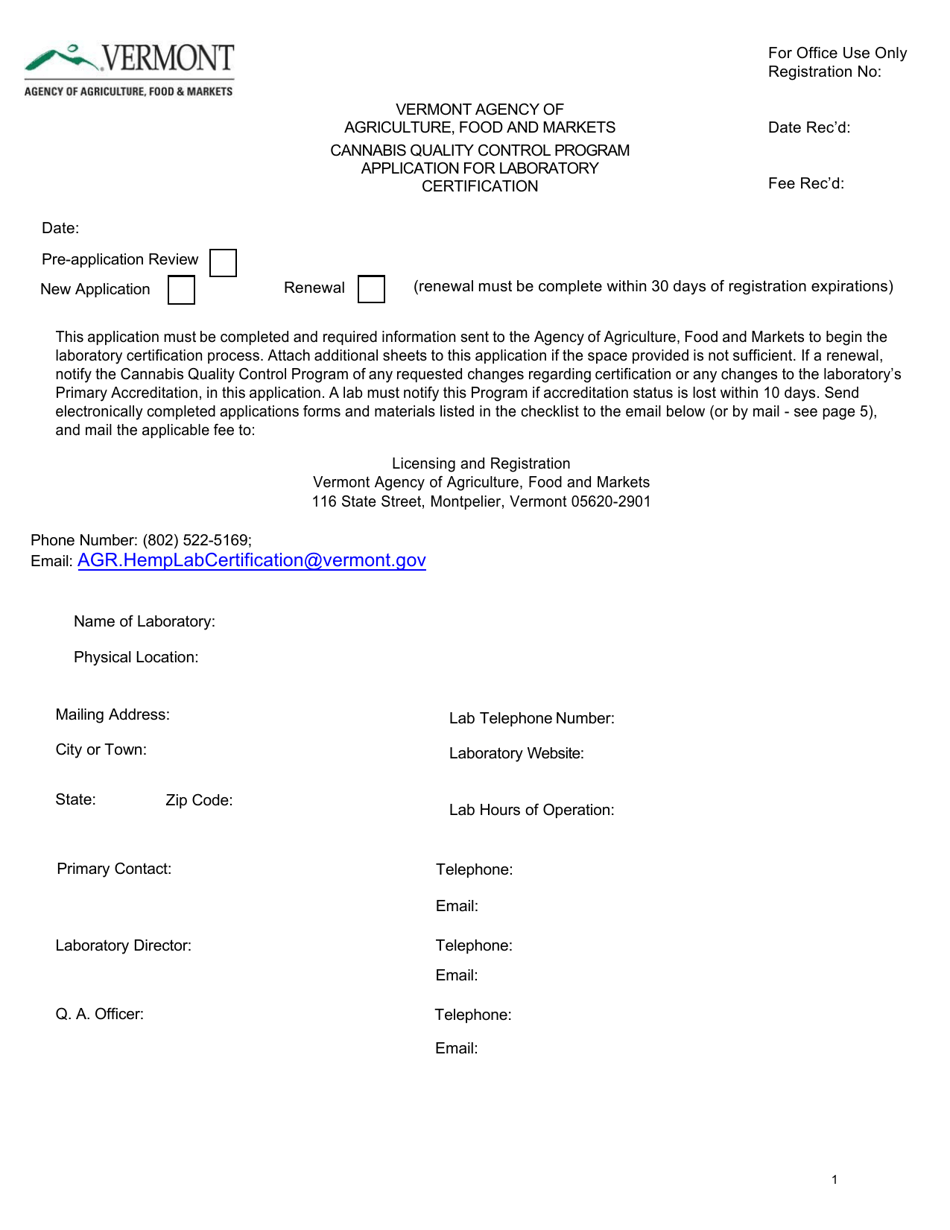 Application for Laboratory Certification - Cannabis Quality Control Program - Vermont, Page 1