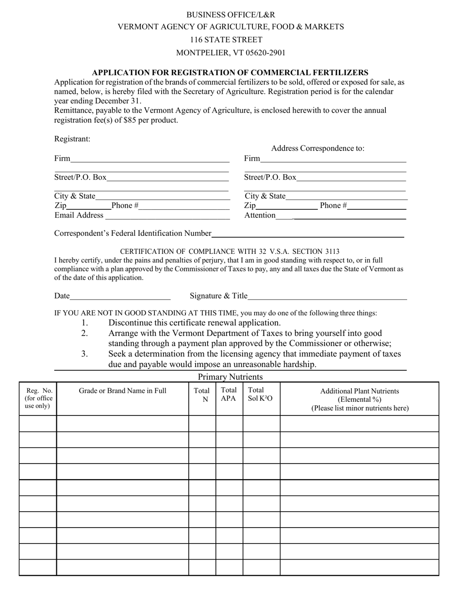 Vermont Application for Registration of Commercial Fertilizers - Fill ...